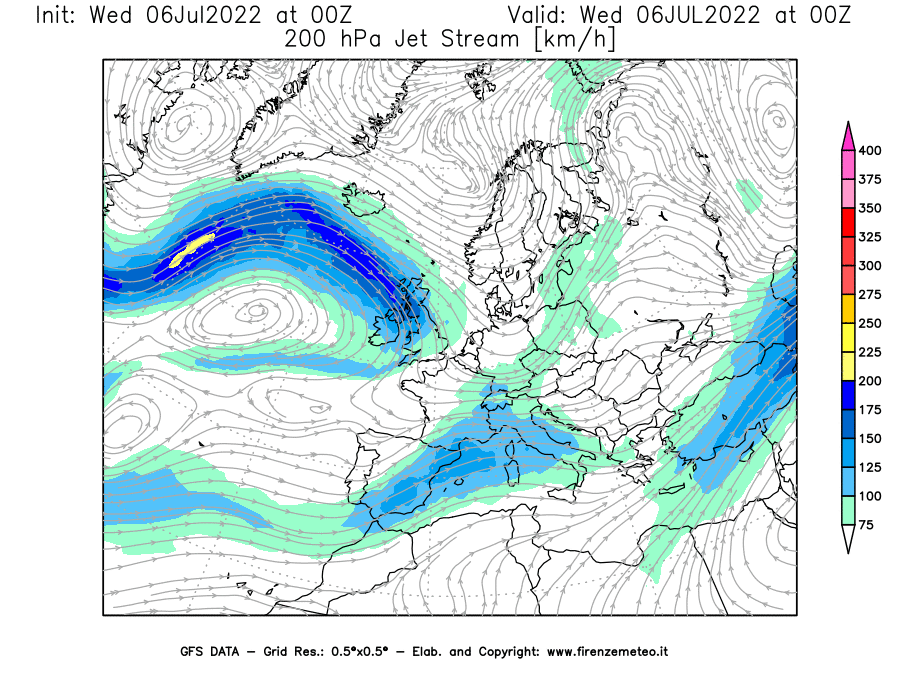 GFS analysi map - Jet Stream at 200 hPa in Europe
									on 06/07/2022 00 <!--googleoff: index-->UTC<!--googleon: index-->