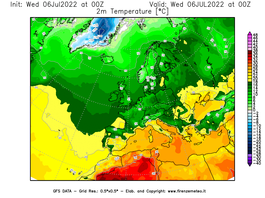 GFS analysi map - Temperature at 2 m above ground [°C] in Europe
									on 06/07/2022 00 <!--googleoff: index-->UTC<!--googleon: index-->