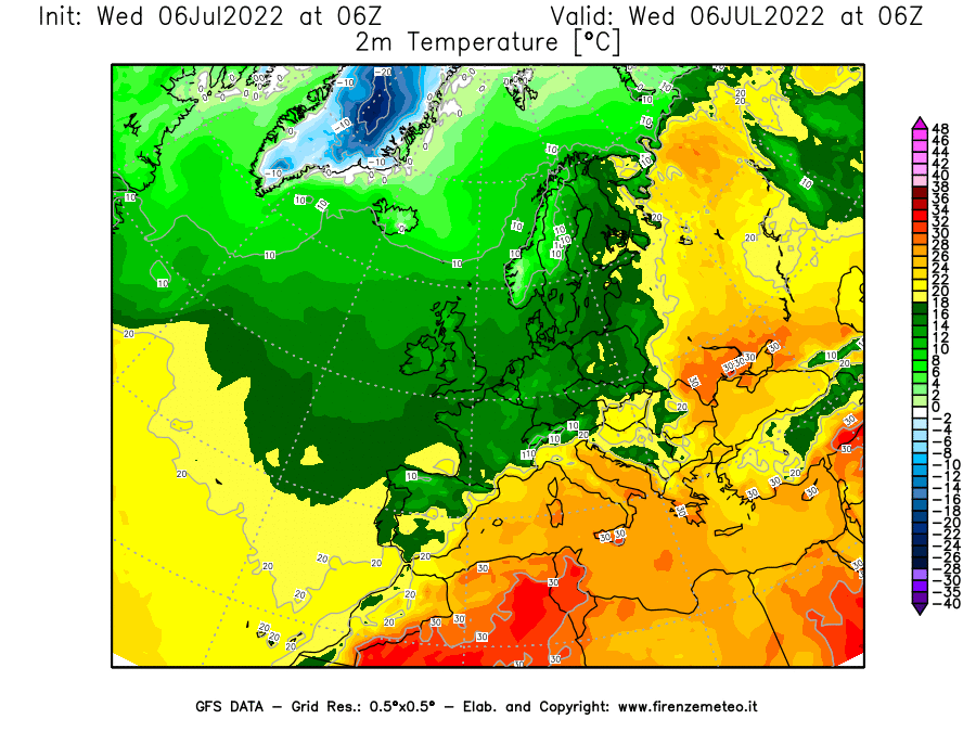 GFS analysi map - Temperature at 2 m above ground [°C] in Europe
									on 06/07/2022 06 <!--googleoff: index-->UTC<!--googleon: index-->