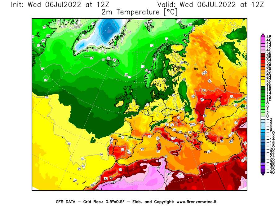 GFS analysi map - Temperature at 2 m above ground [°C] in Europe
									on 06/07/2022 12 <!--googleoff: index-->UTC<!--googleon: index-->