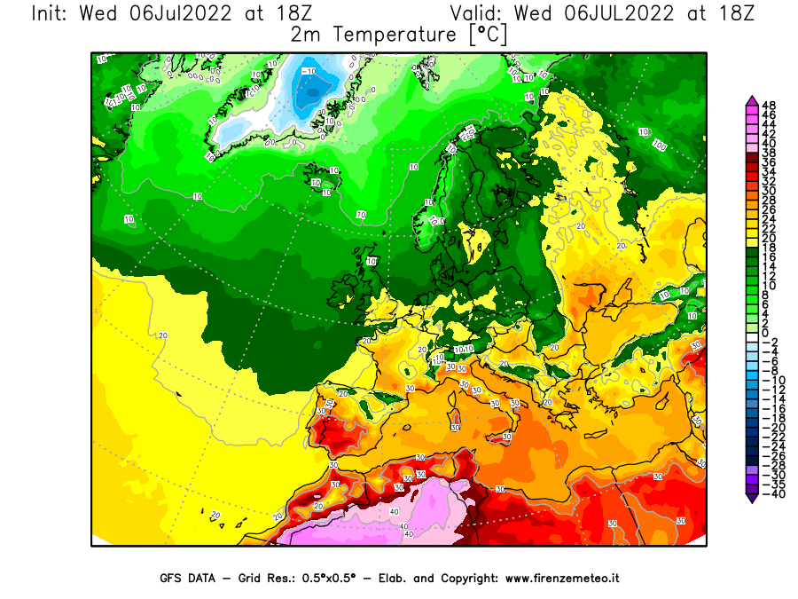 GFS analysi map - Temperature at 2 m above ground [°C] in Europe
									on 06/07/2022 18 <!--googleoff: index-->UTC<!--googleon: index-->