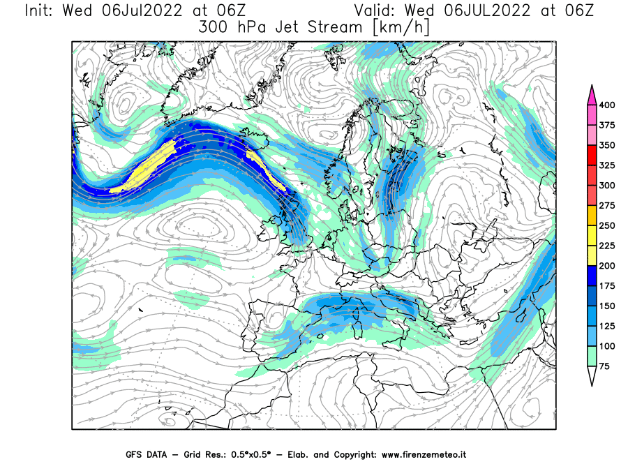 GFS analysi map - Jet Stream at 300 hPa in Europe
									on 06/07/2022 06 <!--googleoff: index-->UTC<!--googleon: index-->