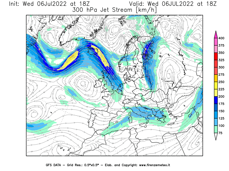 GFS analysi map - Jet Stream at 300 hPa in Europe
									on 06/07/2022 18 <!--googleoff: index-->UTC<!--googleon: index-->