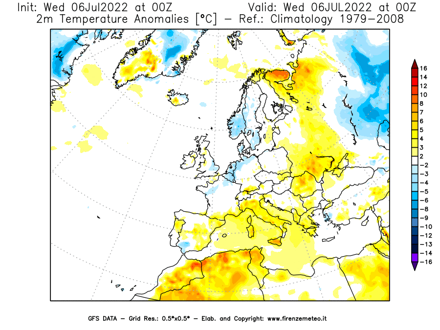 GFS analysi map - Temperature Anomalies [°C] at 2 m in Europe
									on 06/07/2022 00 <!--googleoff: index-->UTC<!--googleon: index-->