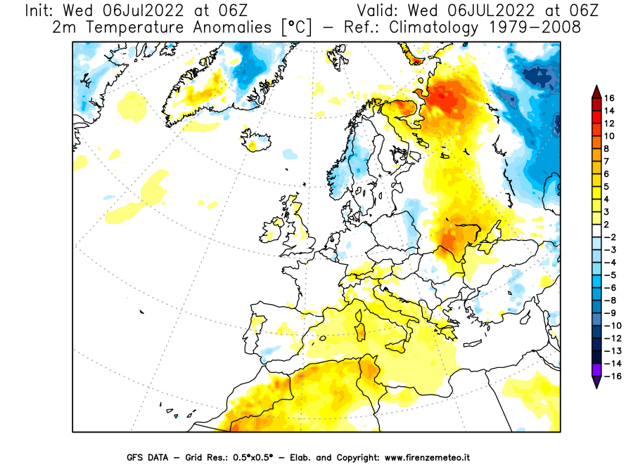 GFS analysi map - Temperature Anomalies [°C] at 2 m in Europe
									on 06/07/2022 06 <!--googleoff: index-->UTC<!--googleon: index-->