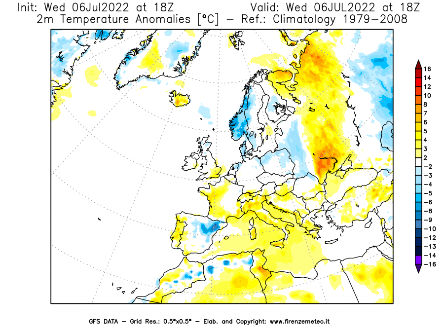 GFS analysi map - Temperature Anomalies [°C] at 2 m in Europe
									on 06/07/2022 18 <!--googleoff: index-->UTC<!--googleon: index-->