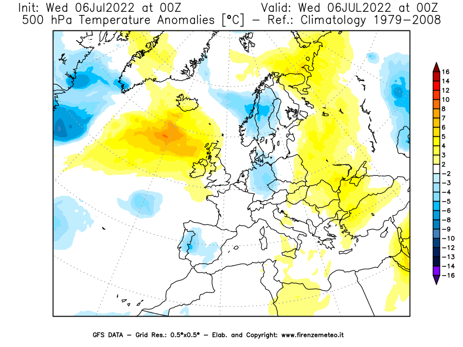GFS analysi map - Temperature Anomalies [°C] at 500 hPa in Europe
									on 06/07/2022 00 <!--googleoff: index-->UTC<!--googleon: index-->