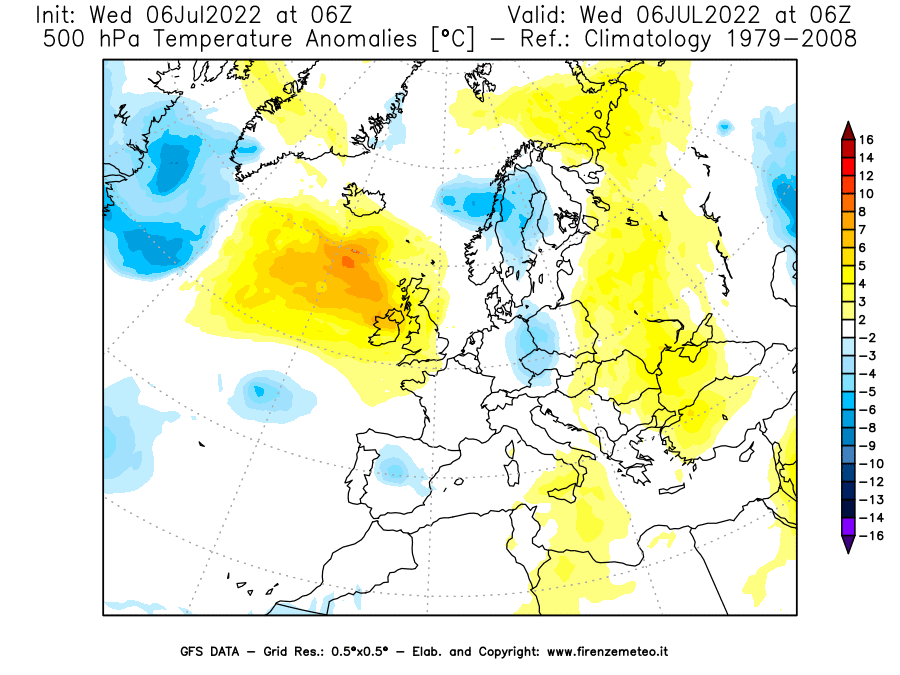 GFS analysi map - Temperature Anomalies [°C] at 500 hPa in Europe
									on 06/07/2022 06 <!--googleoff: index-->UTC<!--googleon: index-->