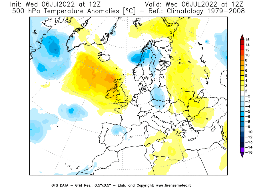 GFS analysi map - Temperature Anomalies [°C] at 500 hPa in Europe
									on 06/07/2022 12 <!--googleoff: index-->UTC<!--googleon: index-->