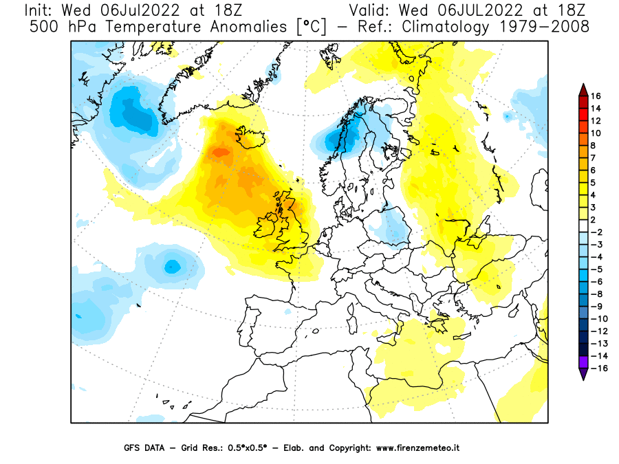 GFS analysi map - Temperature Anomalies [°C] at 500 hPa in Europe
									on 06/07/2022 18 <!--googleoff: index-->UTC<!--googleon: index-->