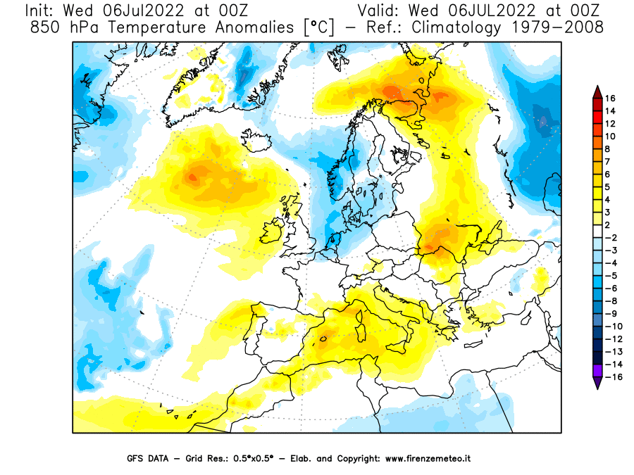 GFS analysi map - Temperature Anomalies [°C] at 850 hPa in Europe
									on 06/07/2022 00 <!--googleoff: index-->UTC<!--googleon: index-->