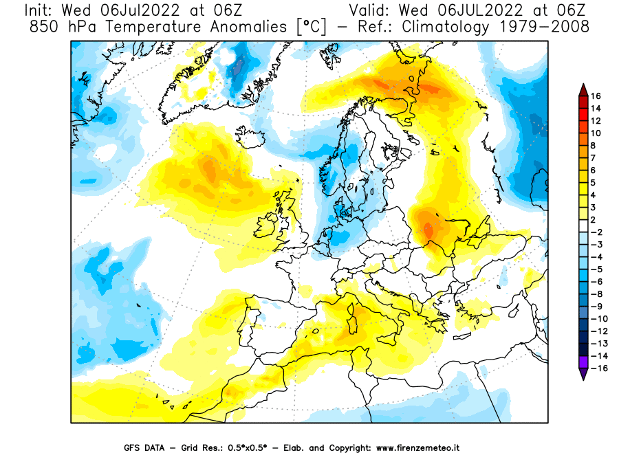 GFS analysi map - Temperature Anomalies [°C] at 850 hPa in Europe
									on 06/07/2022 06 <!--googleoff: index-->UTC<!--googleon: index-->