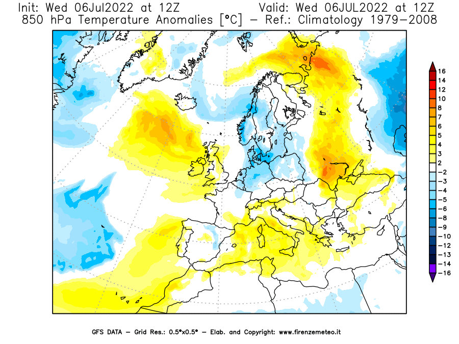GFS analysi map - Temperature Anomalies [°C] at 850 hPa in Europe
									on 06/07/2022 12 <!--googleoff: index-->UTC<!--googleon: index-->