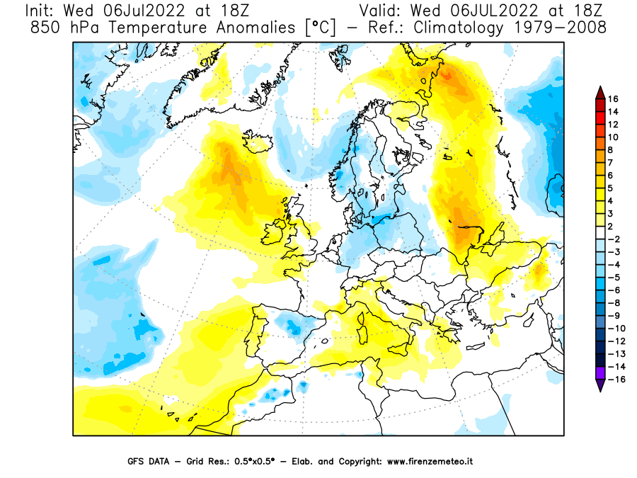 GFS analysi map - Temperature Anomalies [°C] at 850 hPa in Europe
									on 06/07/2022 18 <!--googleoff: index-->UTC<!--googleon: index-->