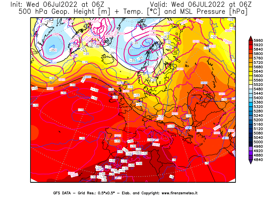 GFS analysi map - Geopotential [m] + Temp. [°C] at 500 hPa + Sea Level Pressure [hPa] in Europe
									on 06/07/2022 06 <!--googleoff: index-->UTC<!--googleon: index-->