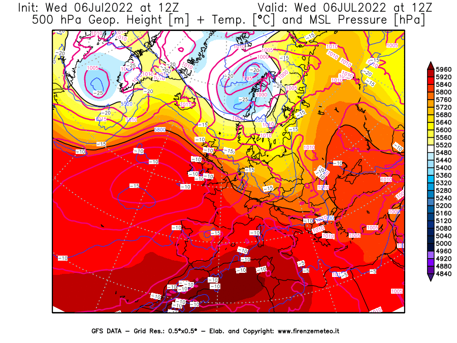 GFS analysi map - Geopotential [m] + Temp. [°C] at 500 hPa + Sea Level Pressure [hPa] in Europe
									on 06/07/2022 12 <!--googleoff: index-->UTC<!--googleon: index-->