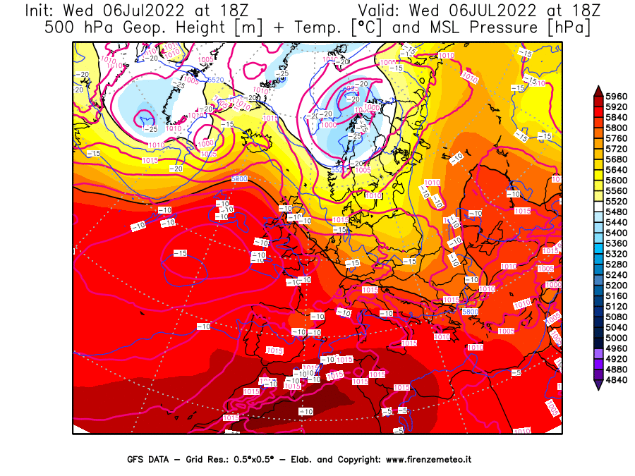 GFS analysi map - Geopotential [m] + Temp. [°C] at 500 hPa + Sea Level Pressure [hPa] in Europe
									on 06/07/2022 18 <!--googleoff: index-->UTC<!--googleon: index-->