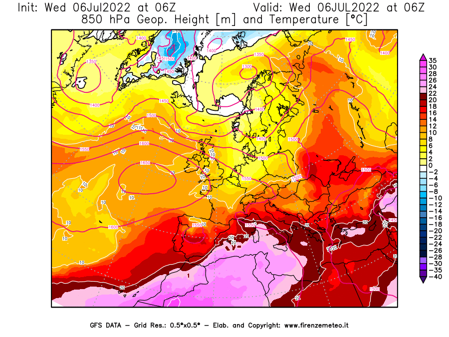 GFS analysi map - Geopotential [m] and Temperature [°C] at 850 hPa in Europe
									on 06/07/2022 06 <!--googleoff: index-->UTC<!--googleon: index-->