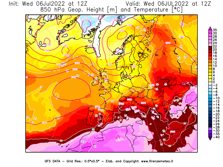 GFS analysi map - Geopotential [m] and Temperature [°C] at 850 hPa in Europe
									on 06/07/2022 12 <!--googleoff: index-->UTC<!--googleon: index-->