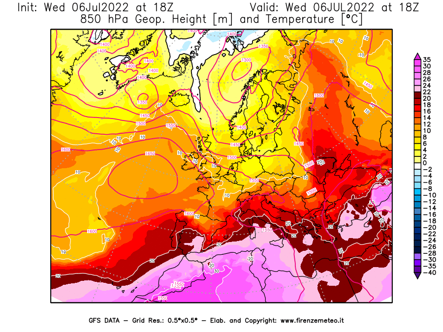 GFS analysi map - Geopotential [m] and Temperature [°C] at 850 hPa in Europe
									on 06/07/2022 18 <!--googleoff: index-->UTC<!--googleon: index-->