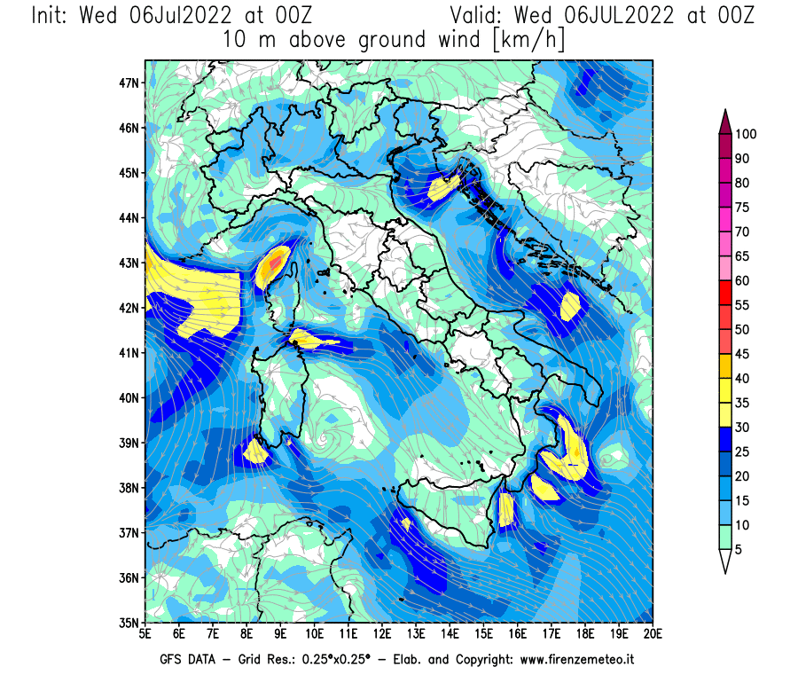 GFS analysi map - Wind Speed at 10 m above ground [km/h] in Italy
									on 06/07/2022 00 <!--googleoff: index-->UTC<!--googleon: index-->