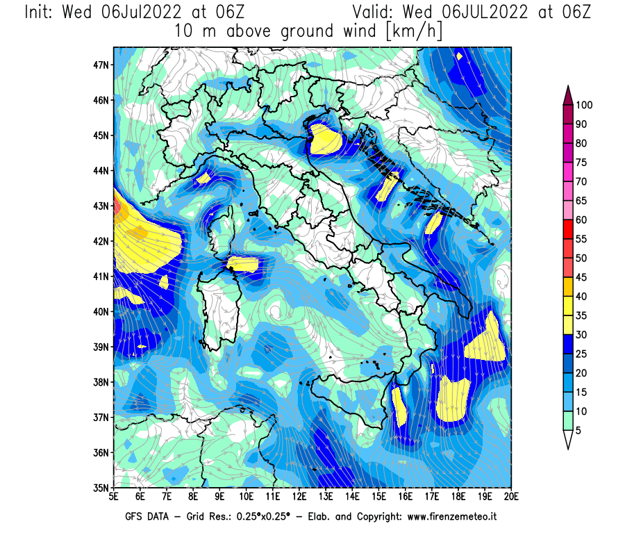 GFS analysi map - Wind Speed at 10 m above ground [km/h] in Italy
									on 06/07/2022 06 <!--googleoff: index-->UTC<!--googleon: index-->