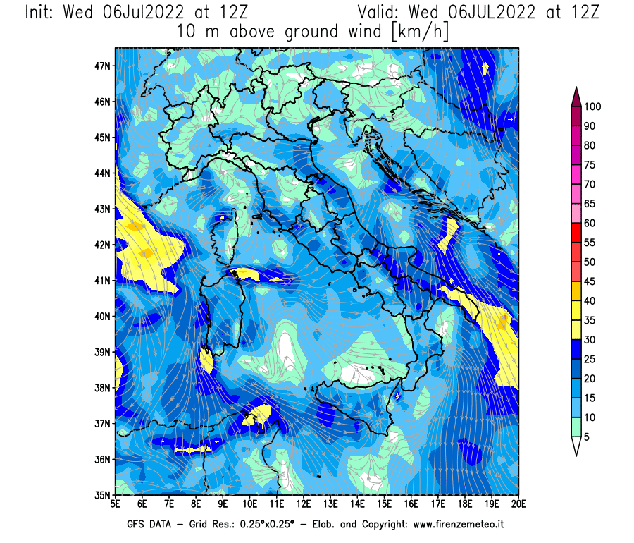 GFS analysi map - Wind Speed at 10 m above ground [km/h] in Italy
									on 06/07/2022 12 <!--googleoff: index-->UTC<!--googleon: index-->