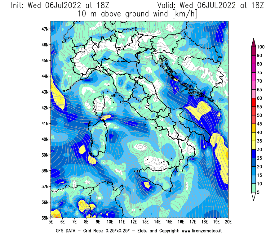 GFS analysi map - Wind Speed at 10 m above ground [km/h] in Italy
									on 06/07/2022 18 <!--googleoff: index-->UTC<!--googleon: index-->