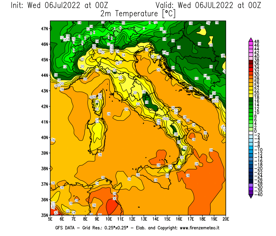 GFS analysi map - Temperature at 2 m above ground [°C] in Italy
									on 06/07/2022 00 <!--googleoff: index-->UTC<!--googleon: index-->