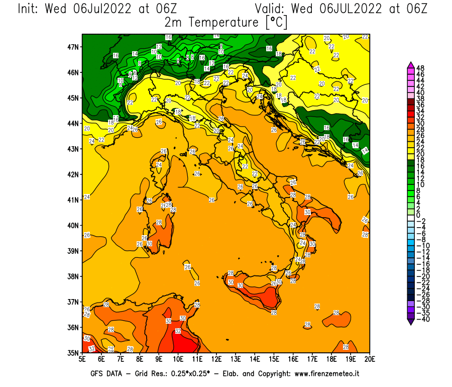 GFS analysi map - Temperature at 2 m above ground [°C] in Italy
									on 06/07/2022 06 <!--googleoff: index-->UTC<!--googleon: index-->