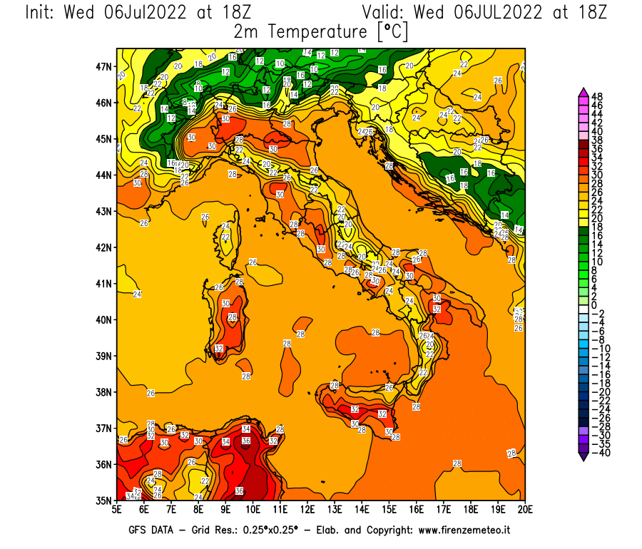 GFS analysi map - Temperature at 2 m above ground [°C] in Italy
									on 06/07/2022 18 <!--googleoff: index-->UTC<!--googleon: index-->