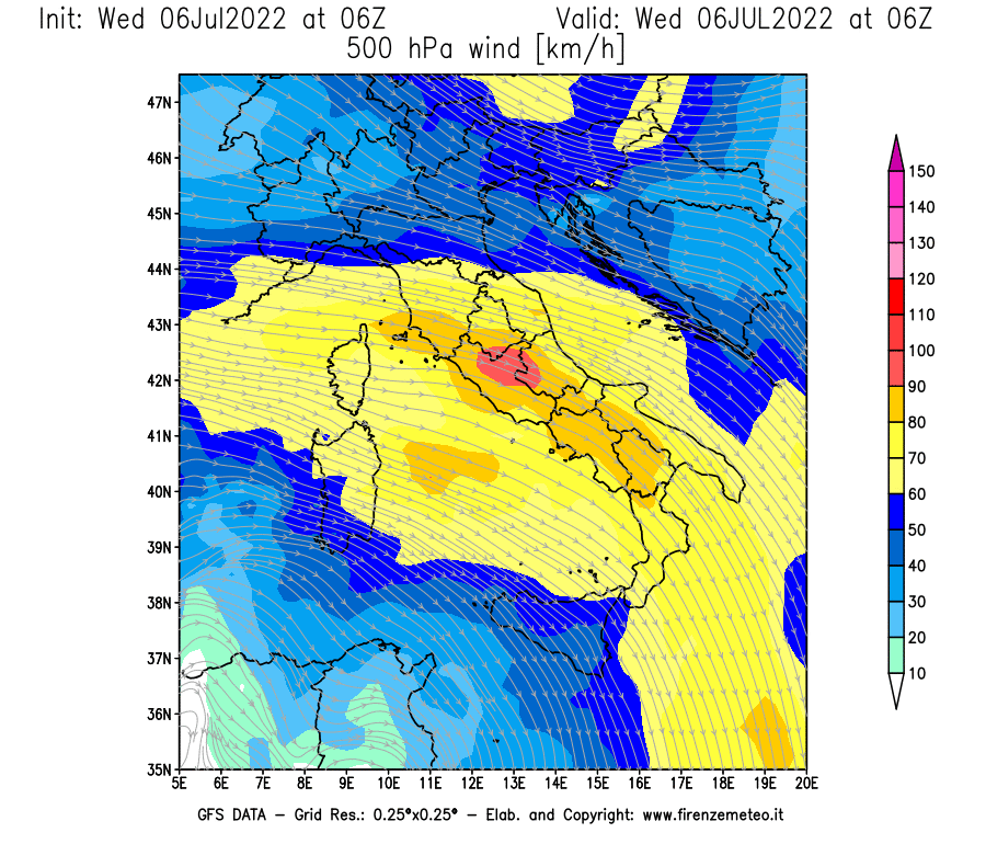 GFS analysi map - Wind Speed at 500 hPa [km/h] in Italy
									on 06/07/2022 06 <!--googleoff: index-->UTC<!--googleon: index-->