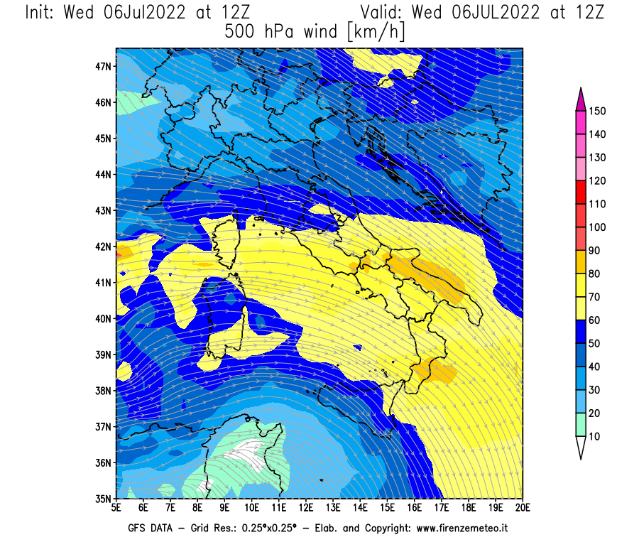 GFS analysi map - Wind Speed at 500 hPa [km/h] in Italy
									on 06/07/2022 12 <!--googleoff: index-->UTC<!--googleon: index-->