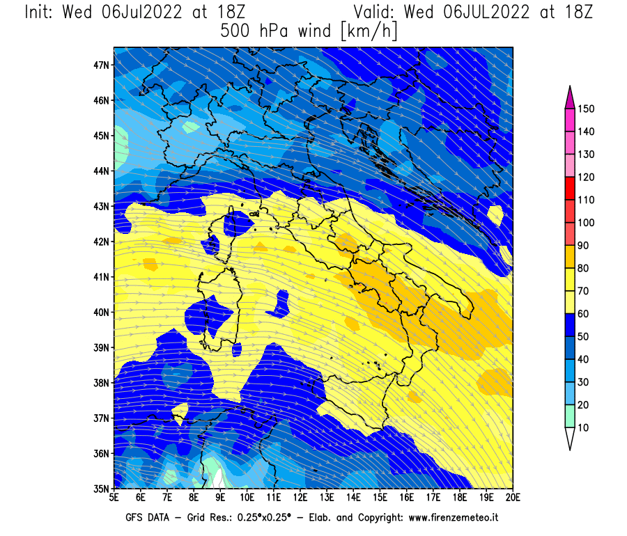GFS analysi map - Wind Speed at 500 hPa [km/h] in Italy
									on 06/07/2022 18 <!--googleoff: index-->UTC<!--googleon: index-->