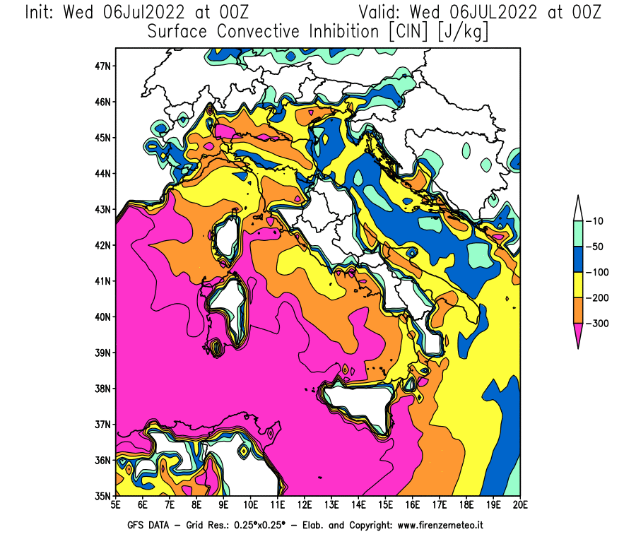 GFS analysi map - CIN [J/kg] in Italy
									on 06/07/2022 00 <!--googleoff: index-->UTC<!--googleon: index-->