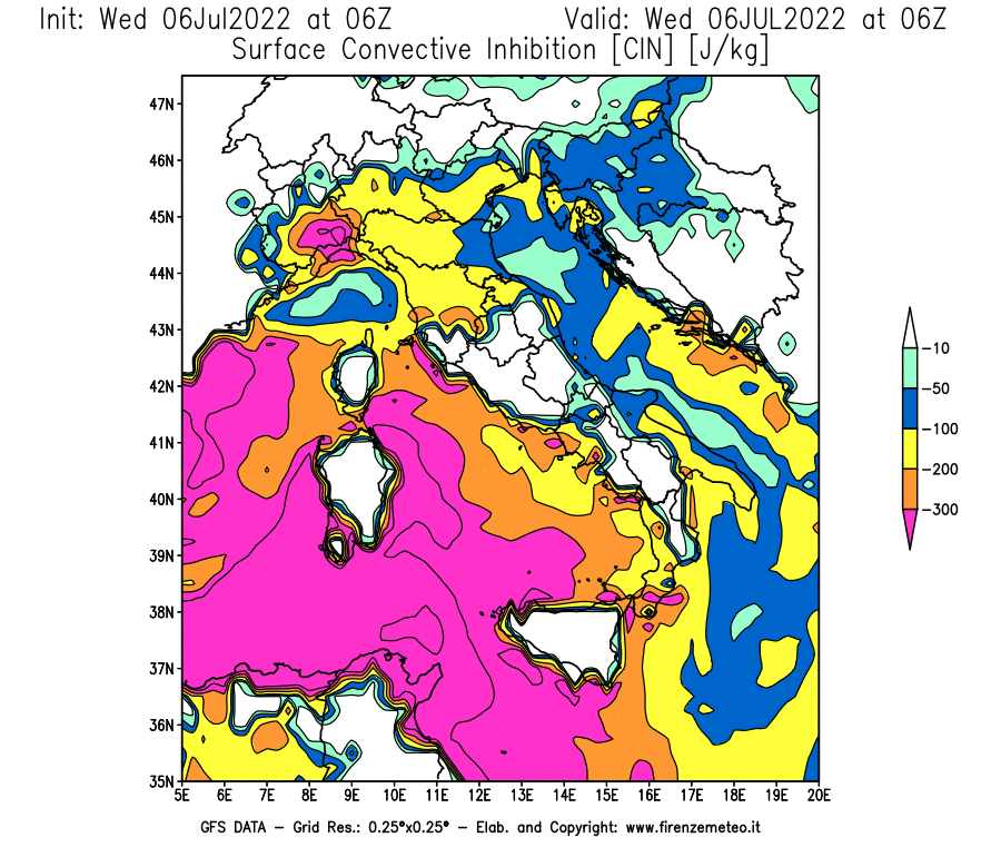 GFS analysi map - CIN [J/kg] in Italy
									on 06/07/2022 06 <!--googleoff: index-->UTC<!--googleon: index-->