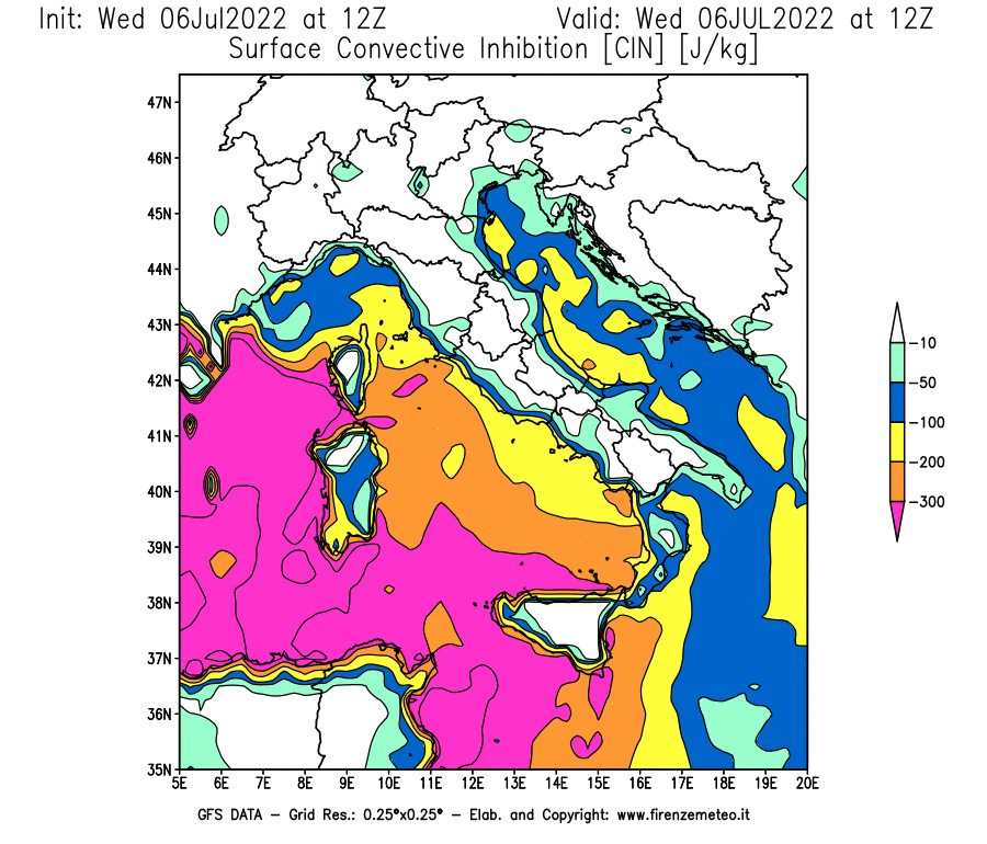 GFS analysi map - CIN [J/kg] in Italy
									on 06/07/2022 12 <!--googleoff: index-->UTC<!--googleon: index-->