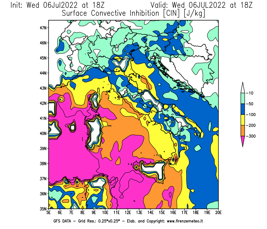 GFS analysi map - CIN [J/kg] in Italy
									on 06/07/2022 18 <!--googleoff: index-->UTC<!--googleon: index-->