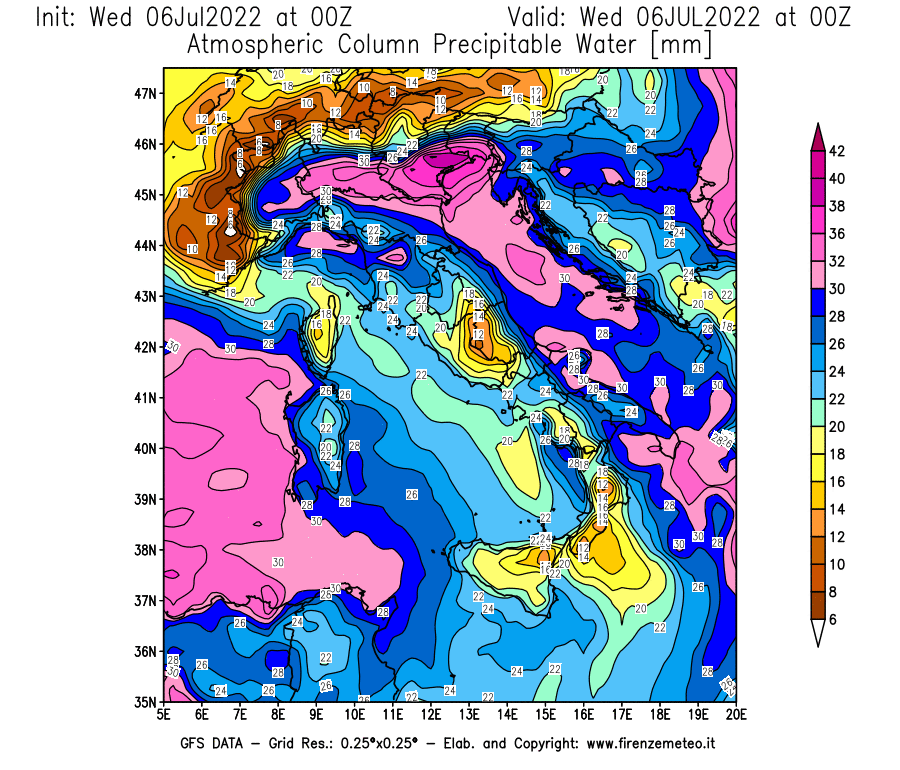 GFS analysi map - Precipitable Water [mm] in Italy
									on 06/07/2022 00 <!--googleoff: index-->UTC<!--googleon: index-->