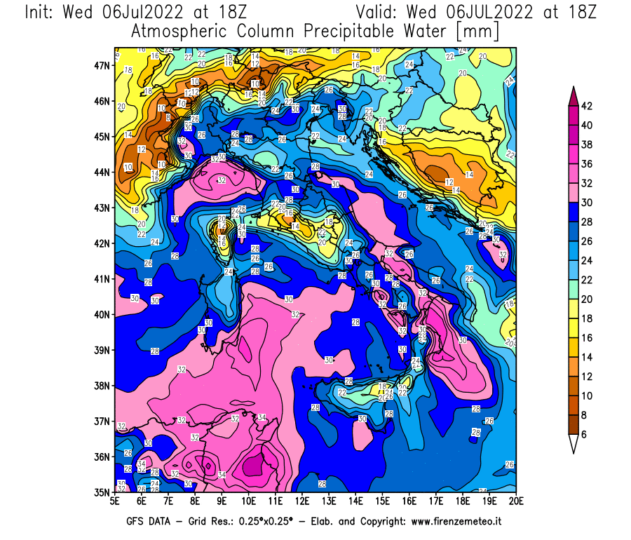 GFS analysi map - Precipitable Water [mm] in Italy
									on 06/07/2022 18 <!--googleoff: index-->UTC<!--googleon: index-->
