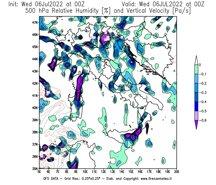 GFS analysi map - Relative Umidity [%] and Omega [Pa/s] at 500 hPa in Italy
									on 06/07/2022 00 <!--googleoff: index-->UTC<!--googleon: index-->