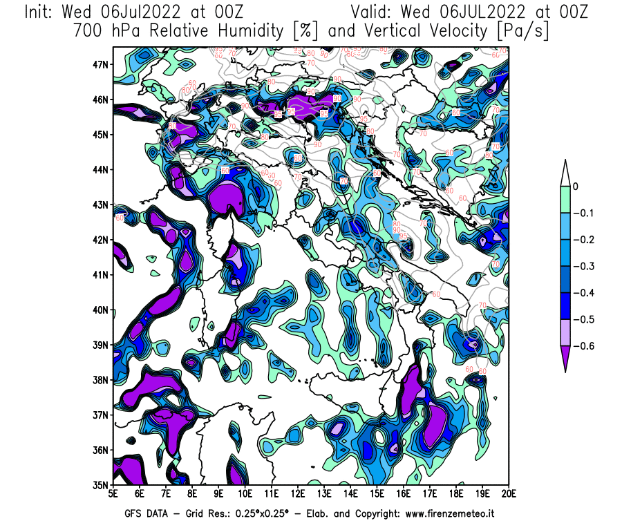GFS analysi map - Relative Umidity [%] and Omega [Pa/s] at 700 hPa in Italy
									on 06/07/2022 00 <!--googleoff: index-->UTC<!--googleon: index-->