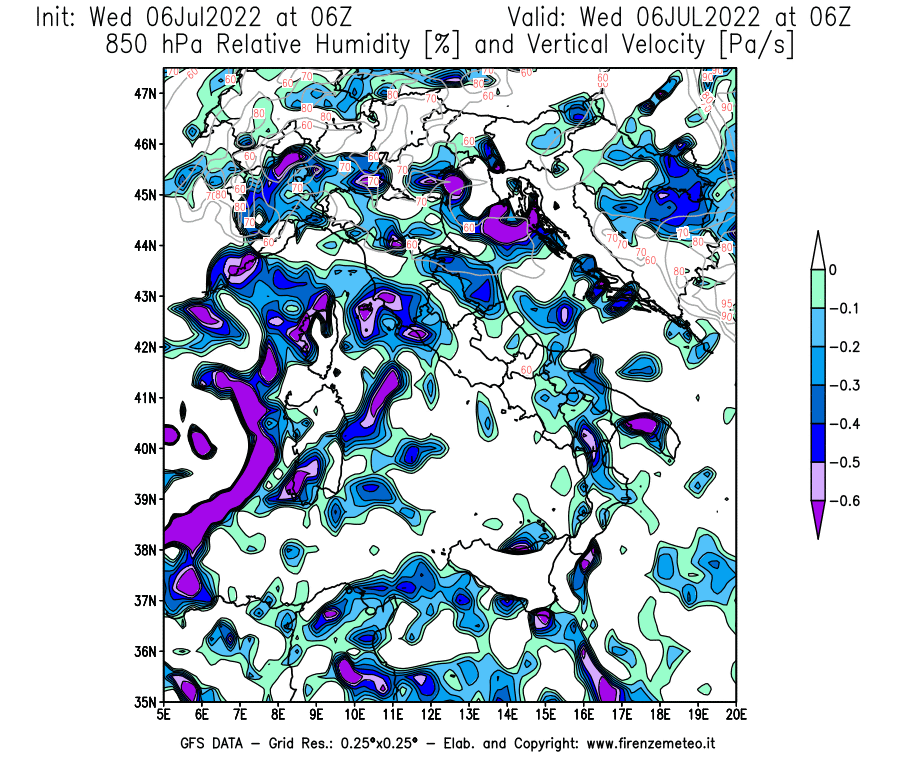GFS analysi map - Relative Umidity [%] and Omega [Pa/s] at 850 hPa in Italy
									on 06/07/2022 06 <!--googleoff: index-->UTC<!--googleon: index-->