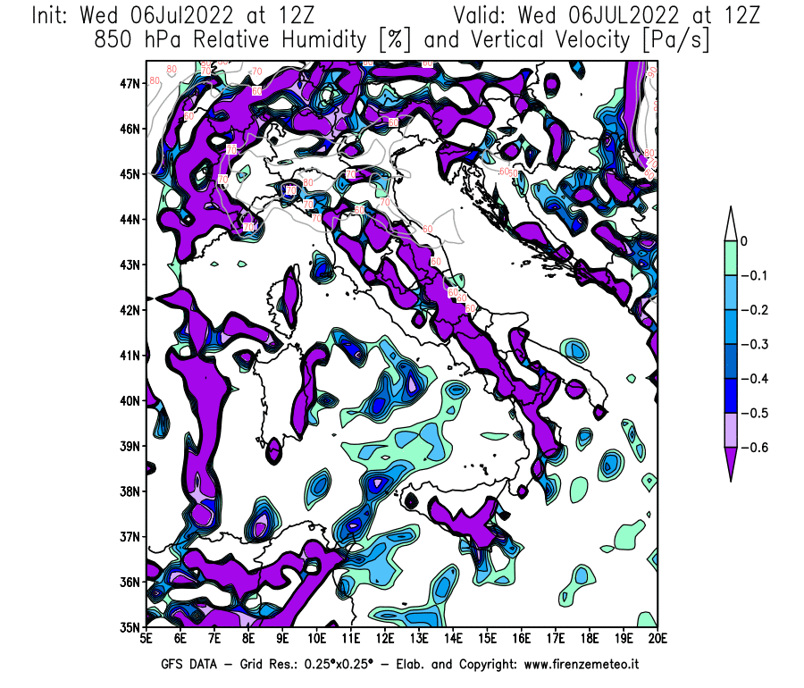 GFS analysi map - Relative Umidity [%] and Omega [Pa/s] at 850 hPa in Italy
									on 06/07/2022 12 <!--googleoff: index-->UTC<!--googleon: index-->