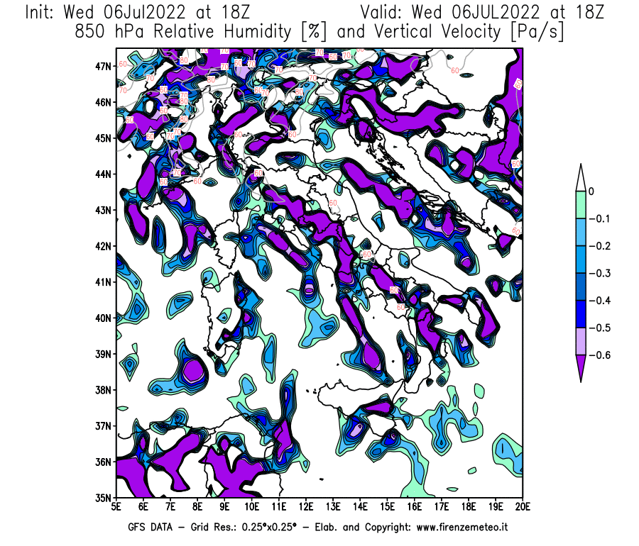 GFS analysi map - Relative Umidity [%] and Omega [Pa/s] at 850 hPa in Italy
									on 06/07/2022 18 <!--googleoff: index-->UTC<!--googleon: index-->