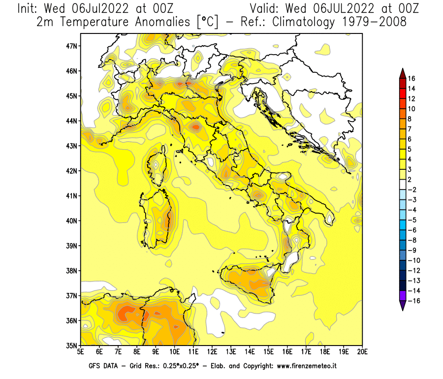 GFS analysi map - Temperature Anomalies [°C] at 2 m in Italy
									on 06/07/2022 00 <!--googleoff: index-->UTC<!--googleon: index-->