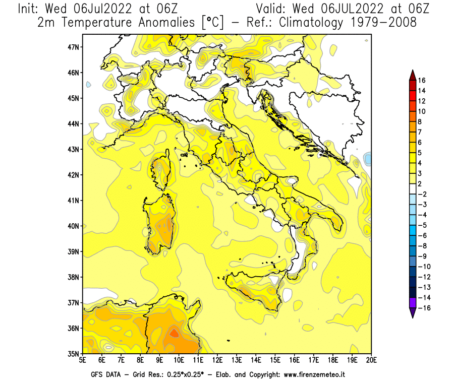 GFS analysi map - Temperature Anomalies [°C] at 2 m in Italy
									on 06/07/2022 06 <!--googleoff: index-->UTC<!--googleon: index-->
