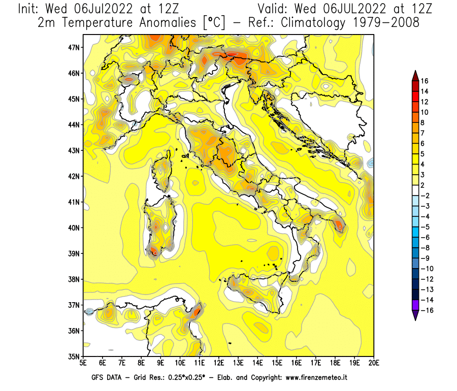 GFS analysi map - Temperature Anomalies [°C] at 2 m in Italy
									on 06/07/2022 12 <!--googleoff: index-->UTC<!--googleon: index-->
