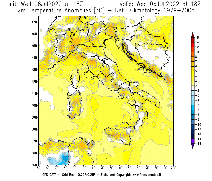 GFS analysi map - Temperature Anomalies [°C] at 2 m in Italy
									on 06/07/2022 18 <!--googleoff: index-->UTC<!--googleon: index-->