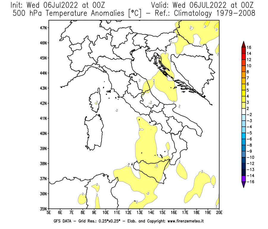 GFS analysi map - Temperature Anomalies [°C] at 500 hPa in Italy
									on 06/07/2022 00 <!--googleoff: index-->UTC<!--googleon: index-->